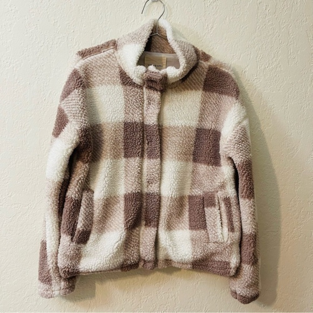 Thread & Supply Buffalo Plaid Sherpa Fleece Jacket XS Brown/White Pockets